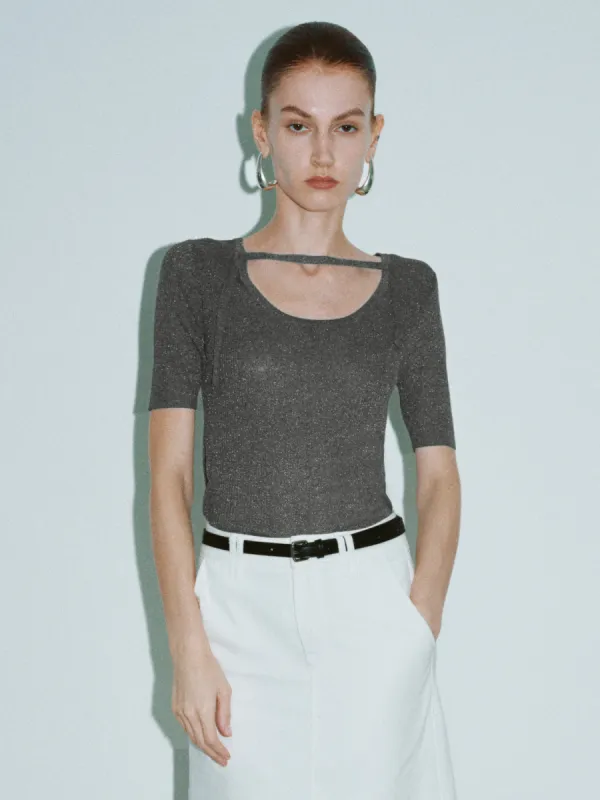 Keyhole Neck Skinny Knitted T-Shirt sold by Urban Revivo