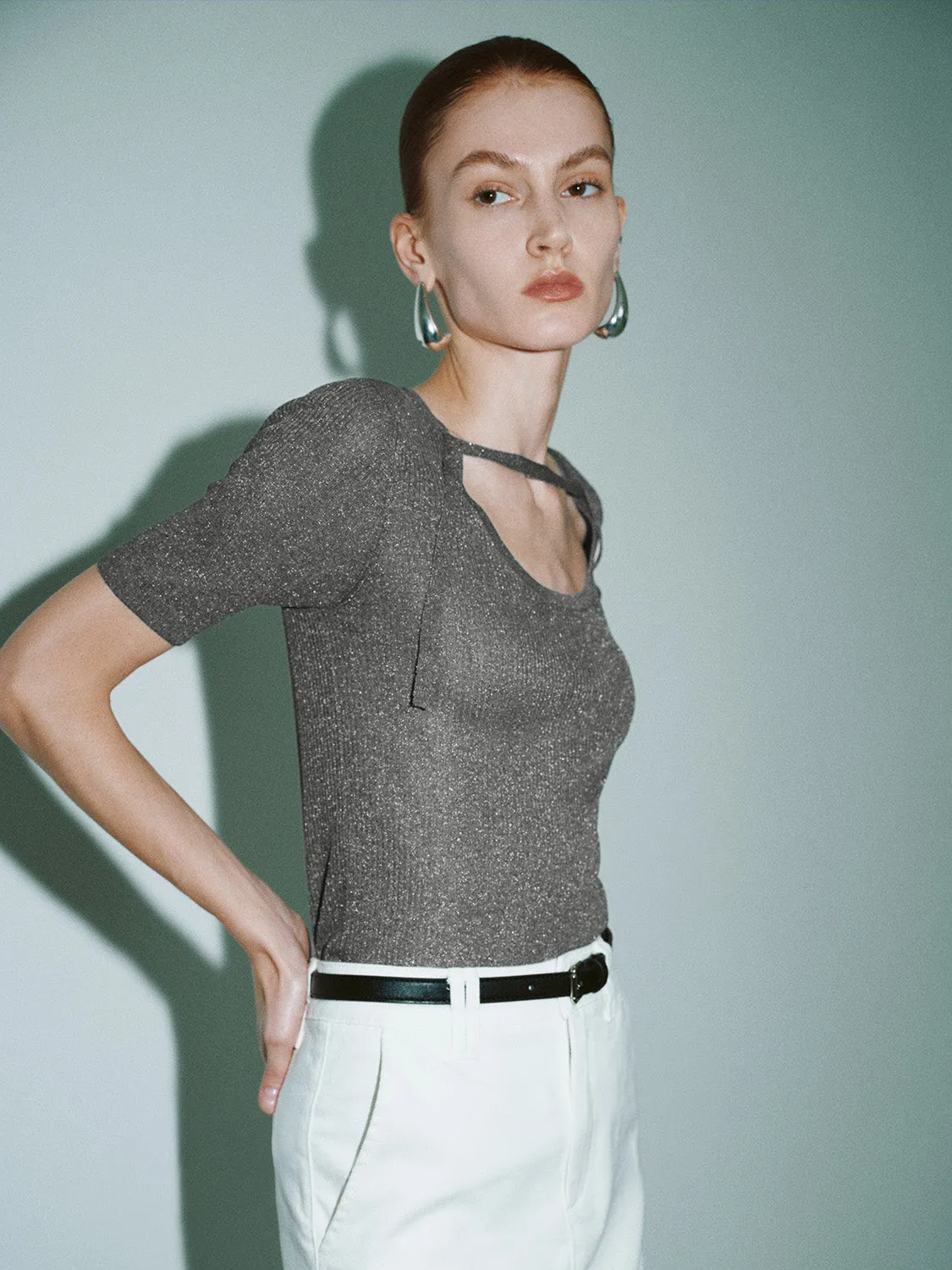 Keyhole Neck Skinny Knitted T-Shirt sold by Urban Revivo product image thumbnail 3