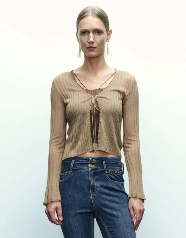 Tie Front V-Neck Skinny Knitted Cardigan sold by Urban Revivo