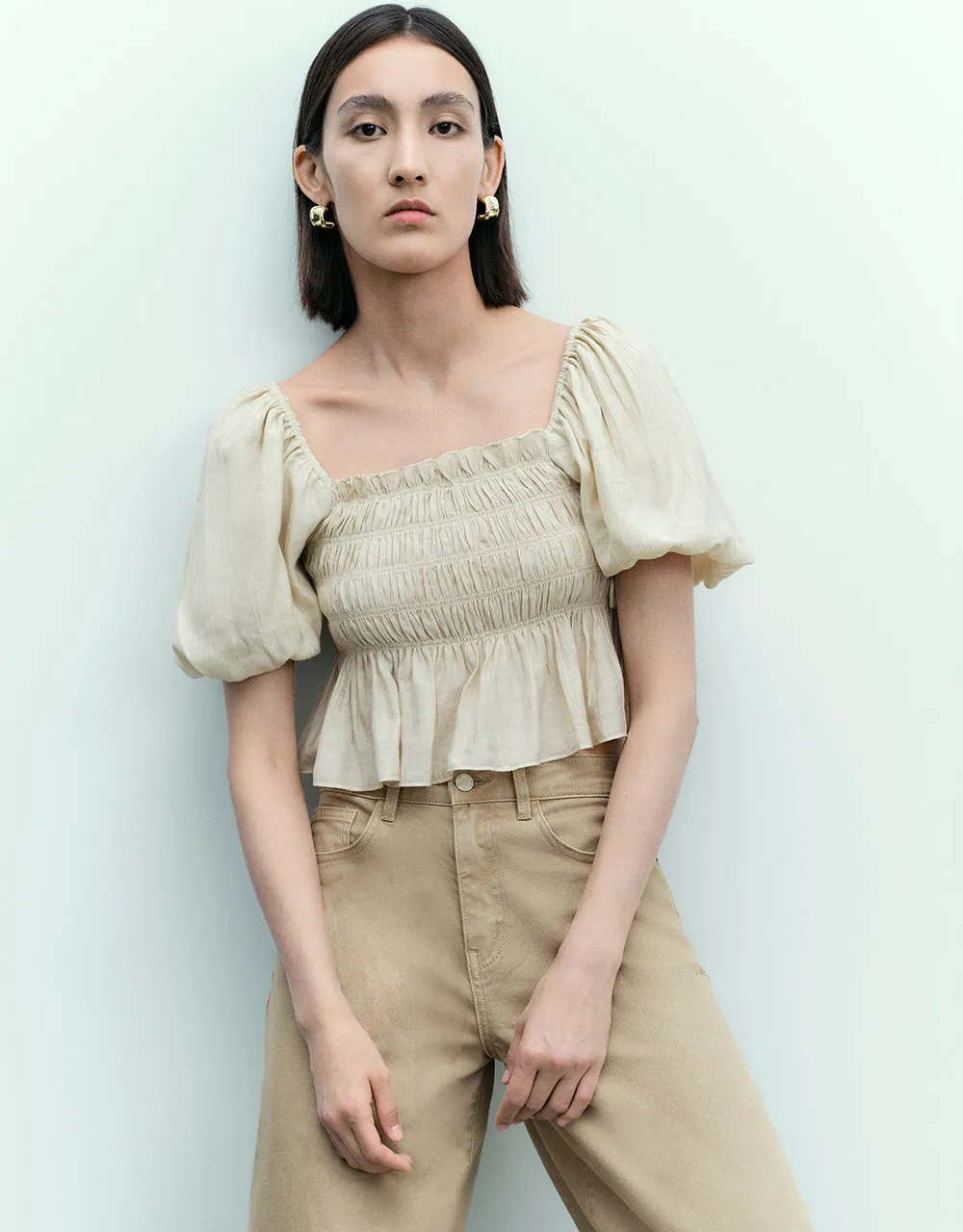 Puff Sleeve Square-Cut Collar Overhead Shirt sold by Urban Revivo