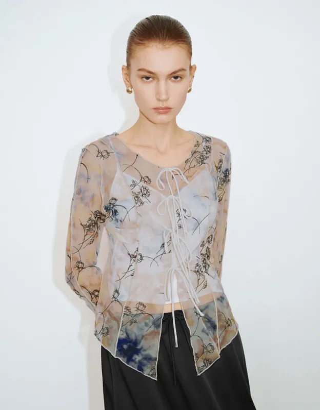 Printed Tie Front See-through Shirt sold by Urban Revivo
