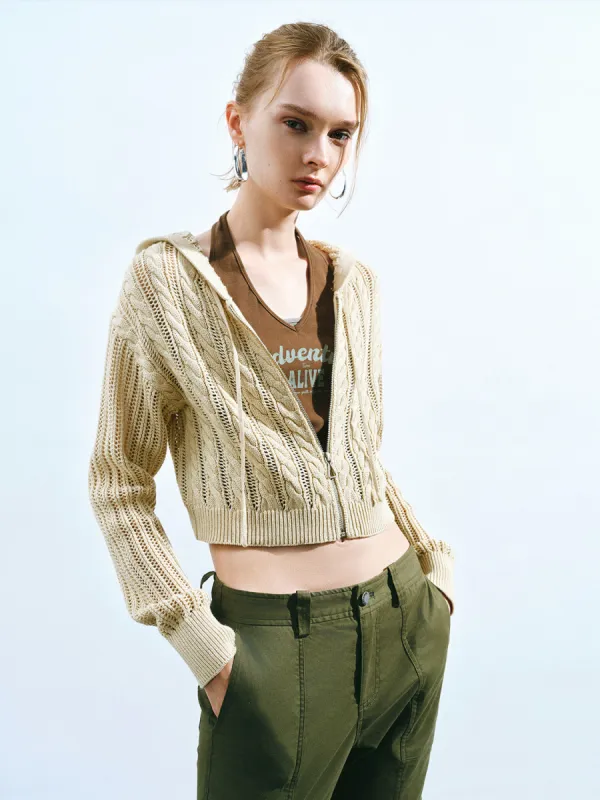 Zipper Front Hooded Knitted Cardigan sold by Urban Revivo