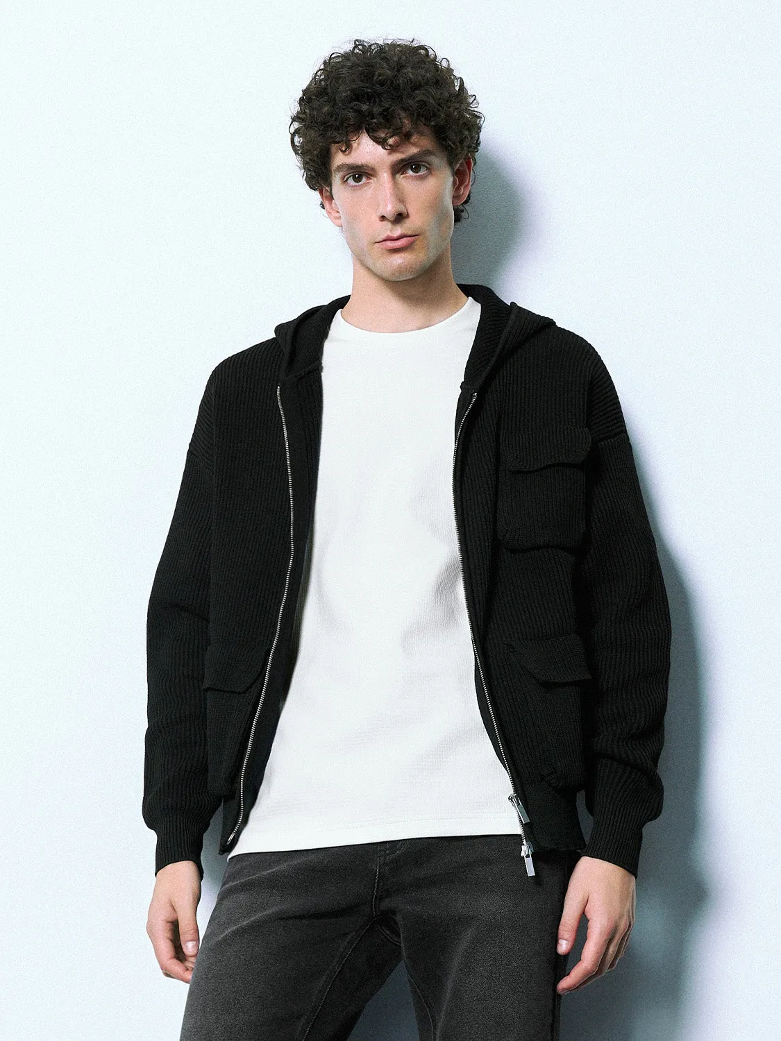 Zipper Front Hooded Knitted Cardigan sold by Urban Revivo