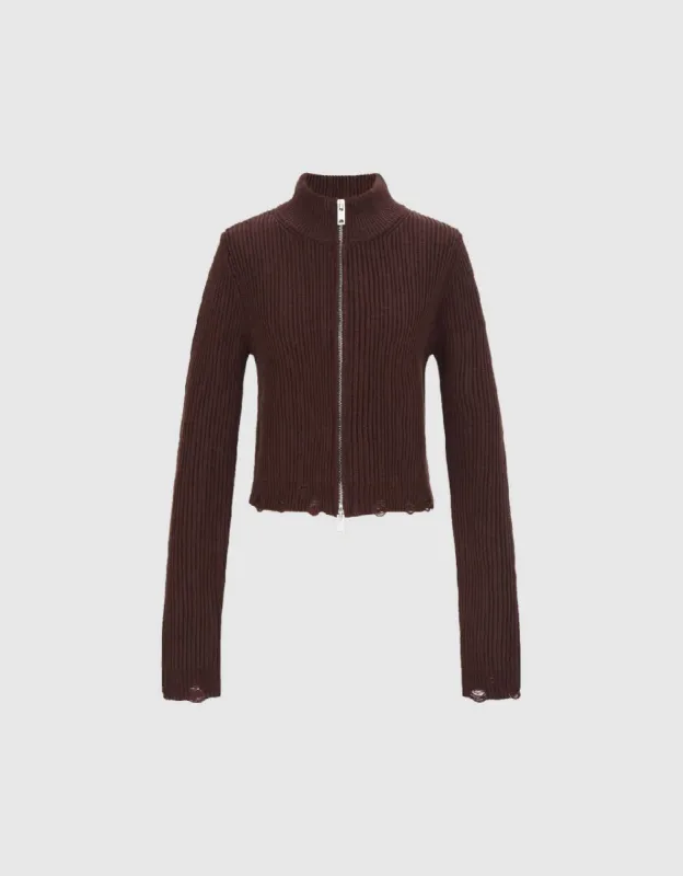 Zipper Front Stand Collar Knitted Cardigan sold by Urban Revivo