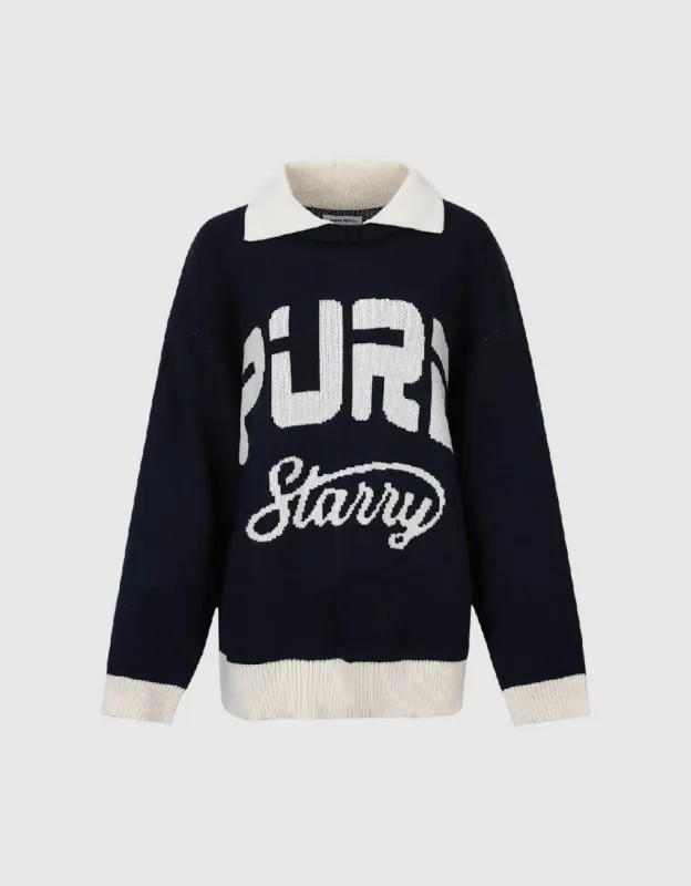 Letter Embroidered Lapel Knitted T-Shirt sold by Urban Revivo