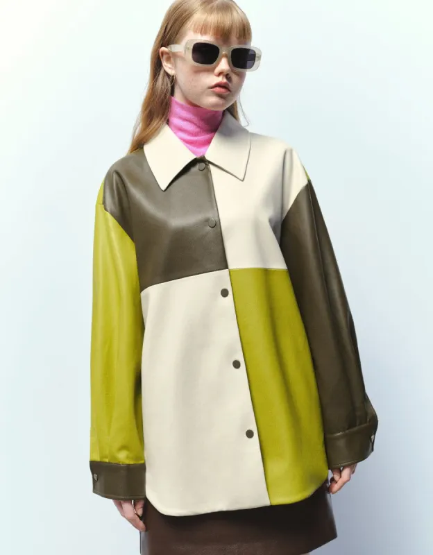 Colorblocks Vegan Leather A-Line Jacket sold by Urban Revivo