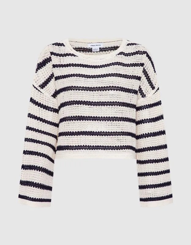 Striped Pointelle Crop Knitted Top sold by Urban Revivo