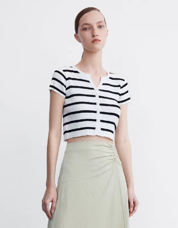 Button Front Striped  Short Sleeve Cardigan sold by Urban Revivo