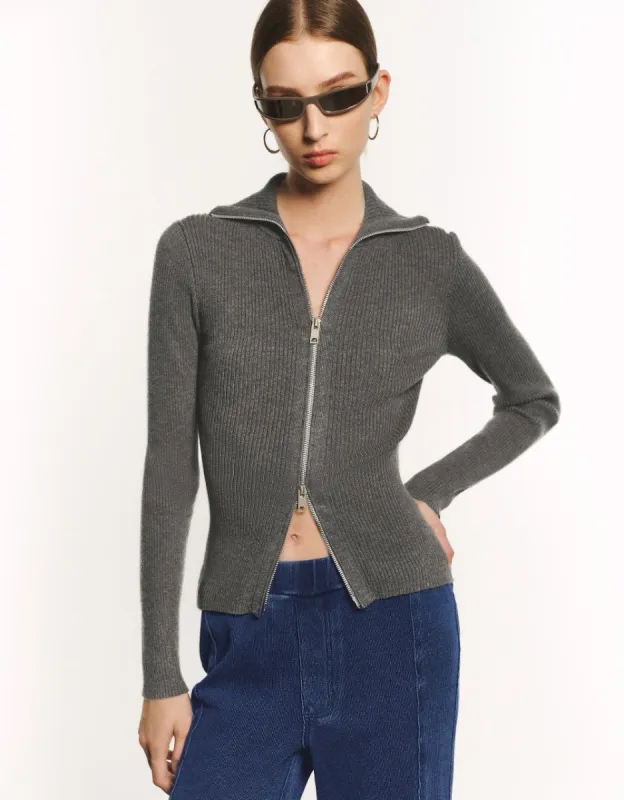 Zipper Front Skinny Knitted Cardigan sold by Urban Revivo