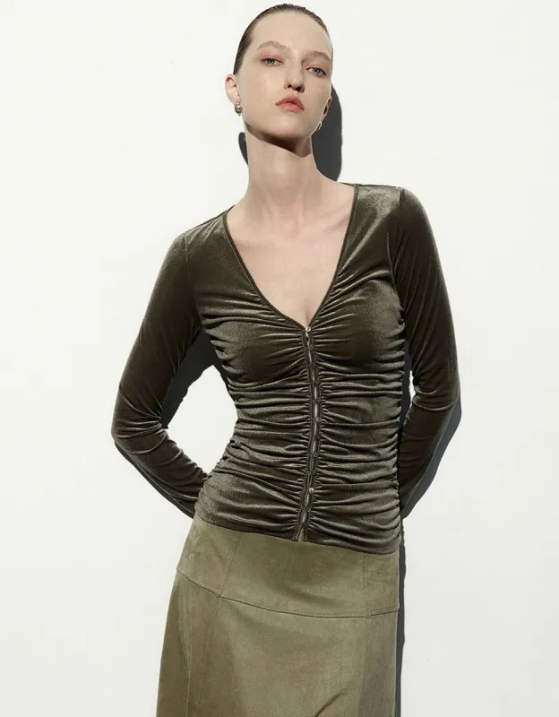 Ruched V-Neck Knitted Skinny T-Shirt sold by Urban Revivo