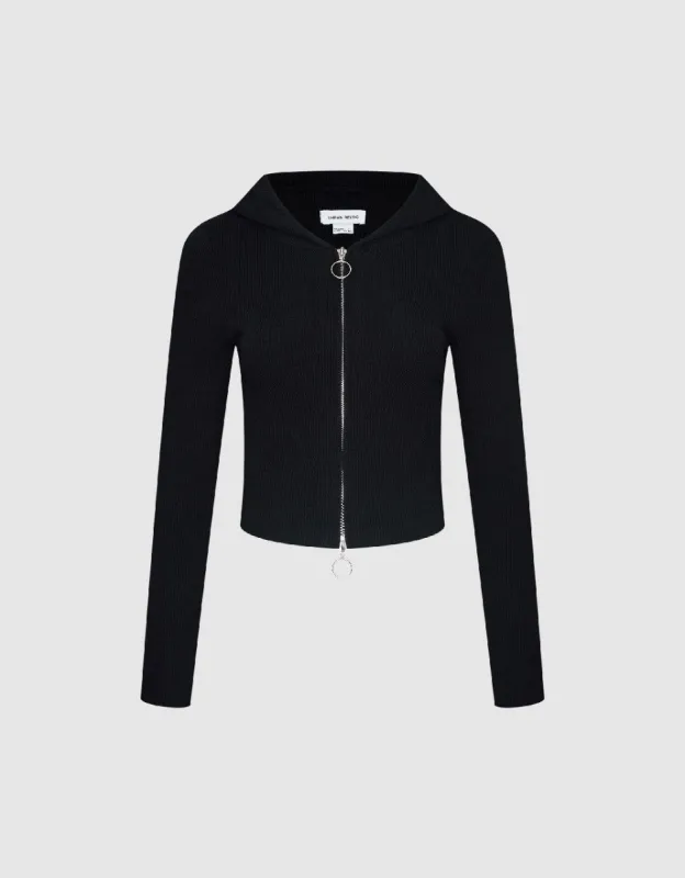 Zipper Front Hooded Knitted Cardigan sold by Urban Revivo