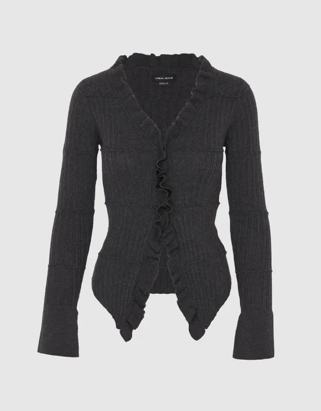 Frill Trim V-Neck Knitted Cardigan sold by Urban Revivo