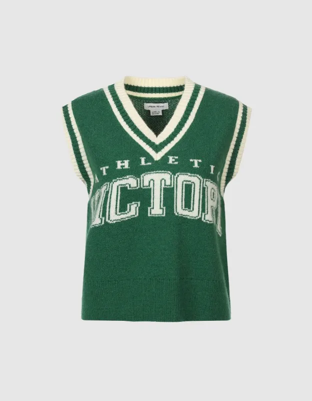 Letter Embroidered V-Neck Knitted Vest sold by Urban Revivo