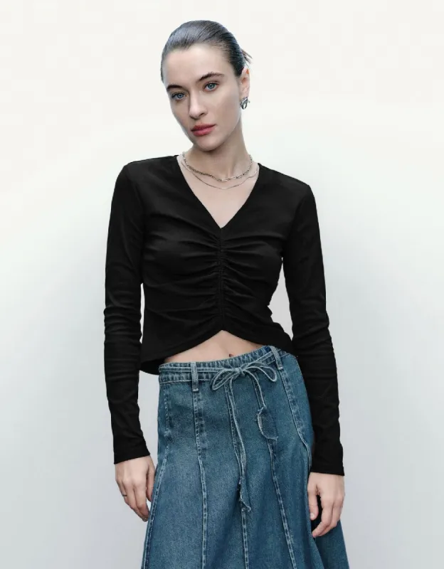 Ruched V-Neck Skinny T-Shirt sold by Urban Revivo