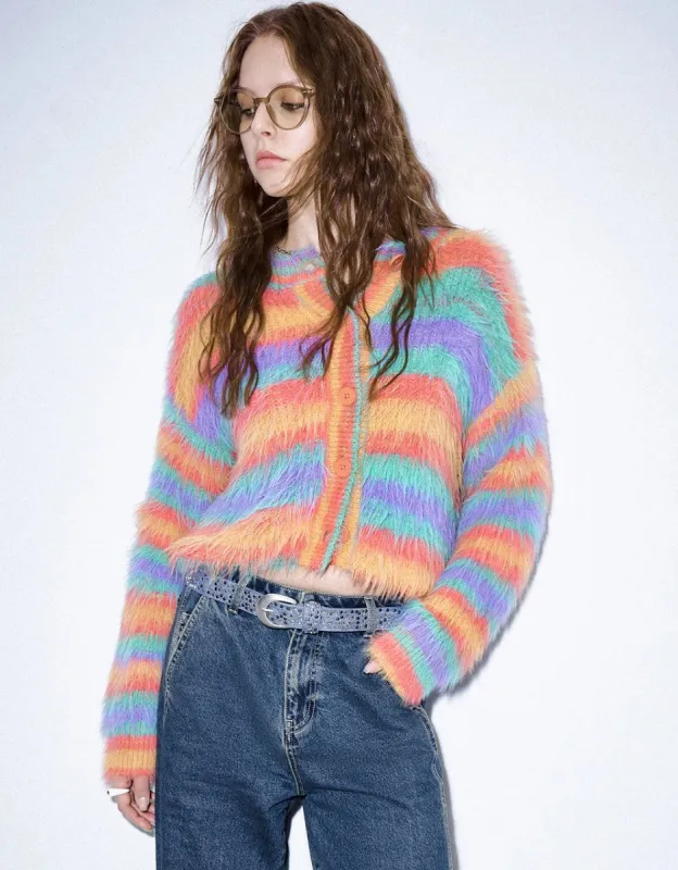 Furry Striped Crew Neck Knitted Cardigan sold by Urban Revivo