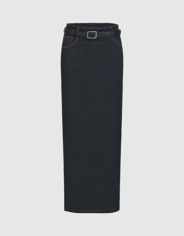 Straight Denim Skirt With Belt sold by Urban Revivo