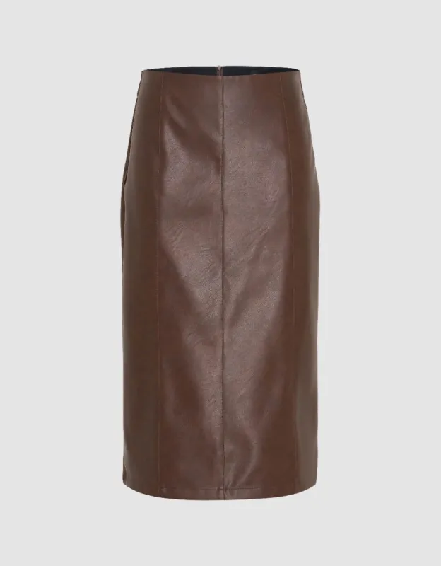Vegan Leather Midi Straight Skirt sold by Urban Revivo