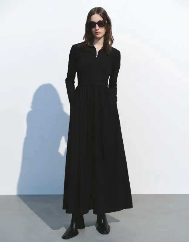 Zip Half Placket Stand Collar A-Line Dress sold by Urban Revivo