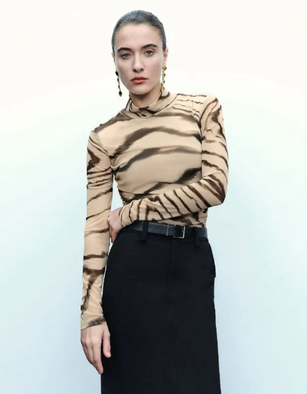 Printed Stand Collar Skinny T-Shirt sold by Urban Revivo