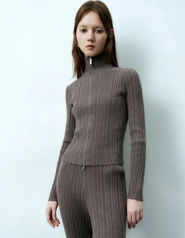 Zipper Front Stand Collar Knitted Cardigan sold by Urban Revivo