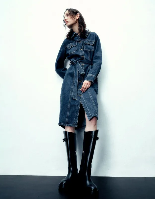 Lapel Denim Dress With Belt sold by Urban Revivo