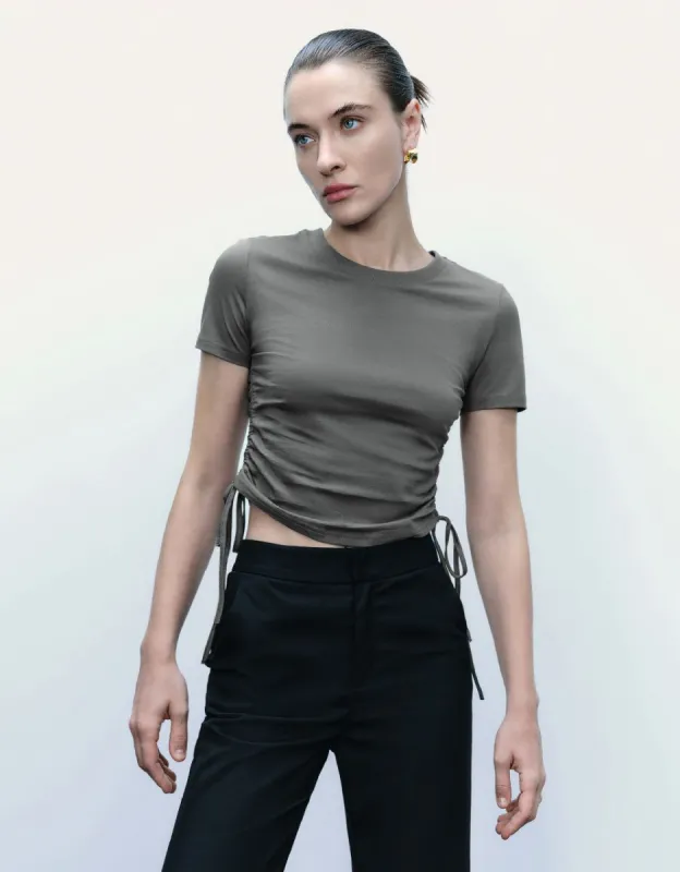 Tie Side Crew Neck Skinny T-Shirt sold by Urban Revivo