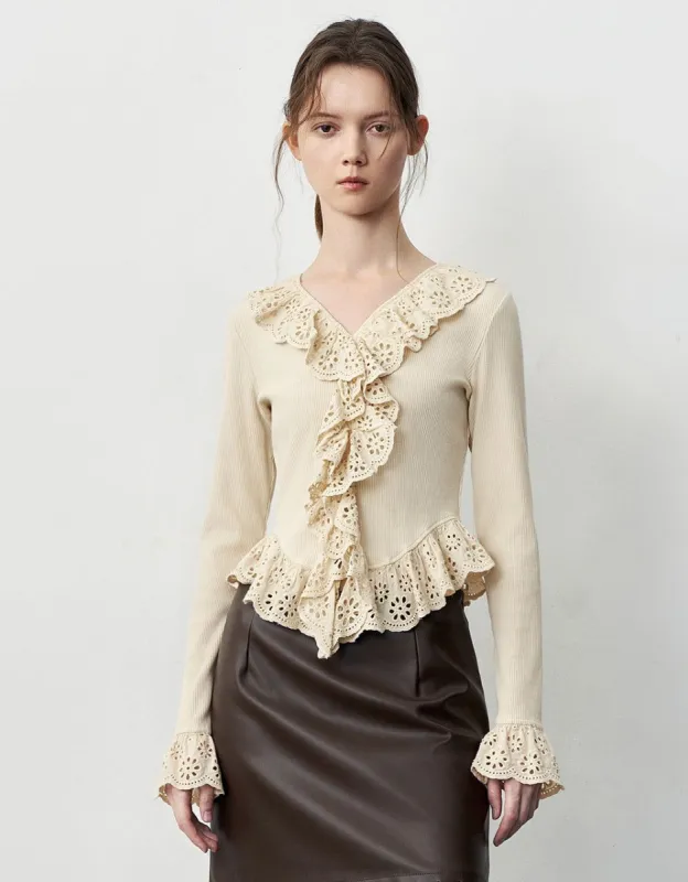 Ruffle V-Neck Skinny T-Shirt sold by Urban Revivo