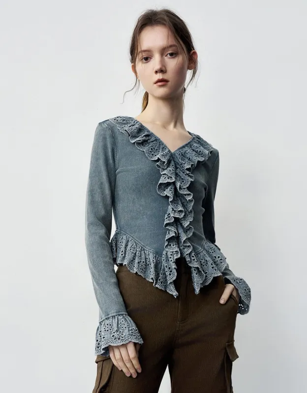 Ruffle V-Neck Skinny T-Shirt sold by Urban Revivo