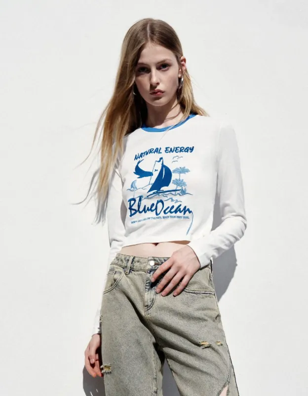 Printed Crew Neck Skinny T-Shirt sold by Urban Revivo