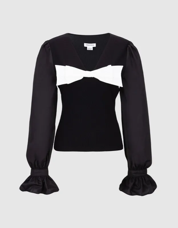 Bow Front Puff Sleeve Knit Top sold by Urban Revivo