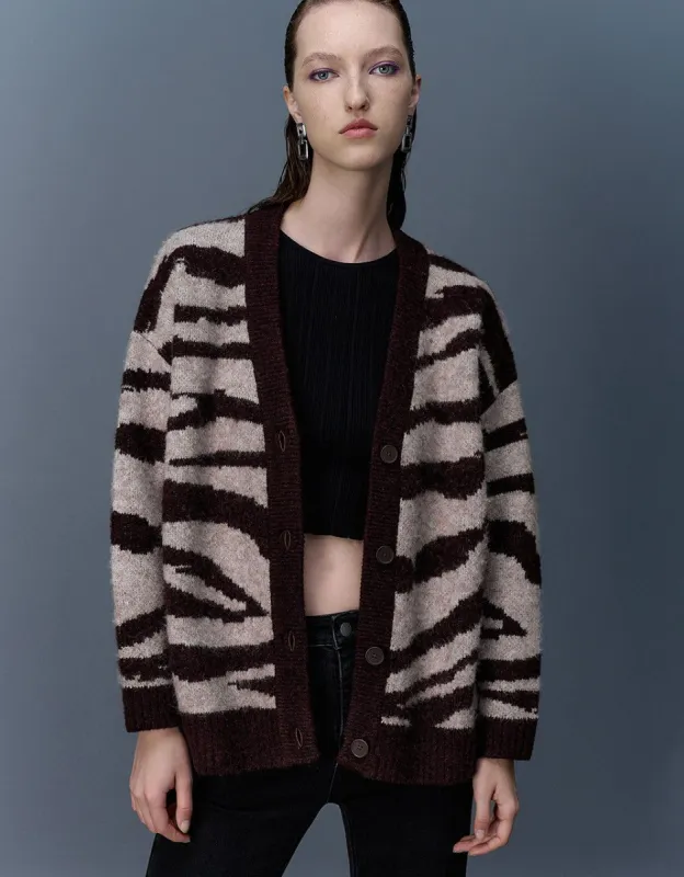 Zebra Printed V-Neck Knitted Cardigan sold by Urban Revivo