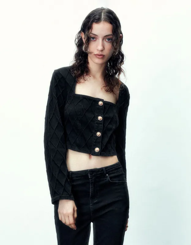 Square-Cut Collar Denim Shirt sold by Urban Revivo