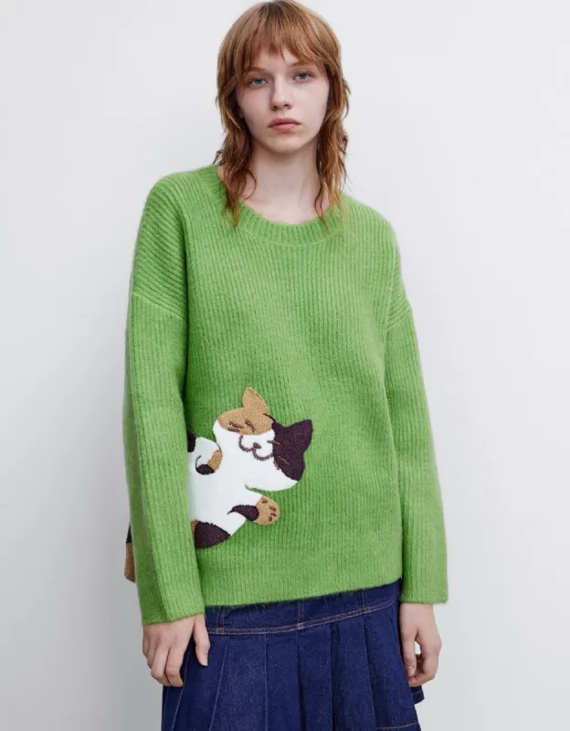 Cat Printed Crew Neck Knitted T-Shirt sold by Urban Revivo