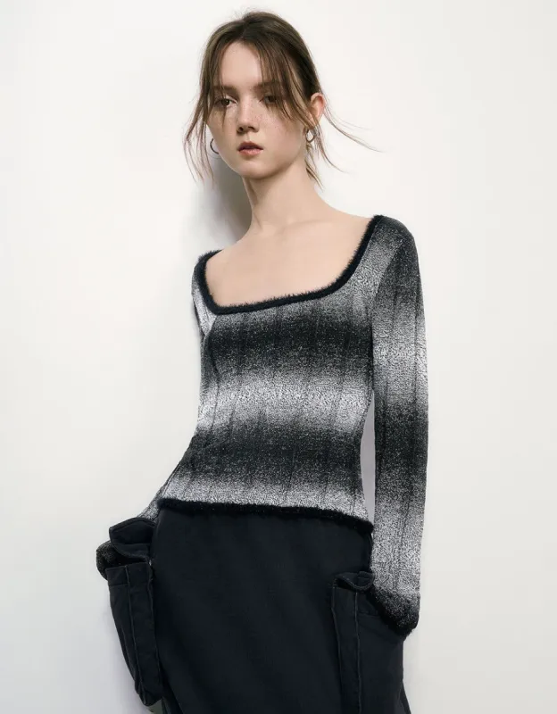 Square-Cut Collar Striped Knitted T-Shirt sold by Urban Revivo