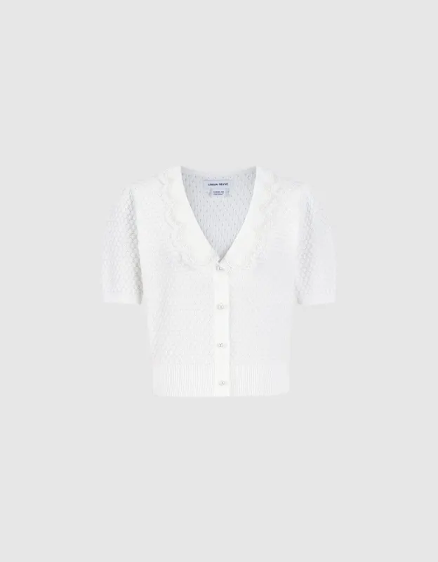 Scallop Trim Contrast Collar Short Sleeve Cardigan sold by Urban Revivo