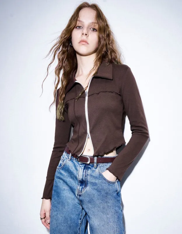 Zipper Front Knitted Skinny Shirt sold by Urban Revivo