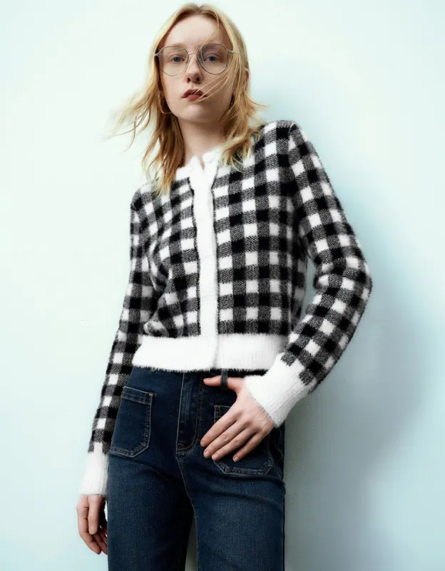 Plaid Crew Neck Knitted Cardigan sold by Urban Revivo