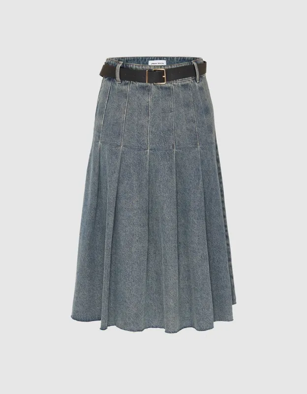 Pleated Midi A-Line Denim Skirt sold by Urban Revivo