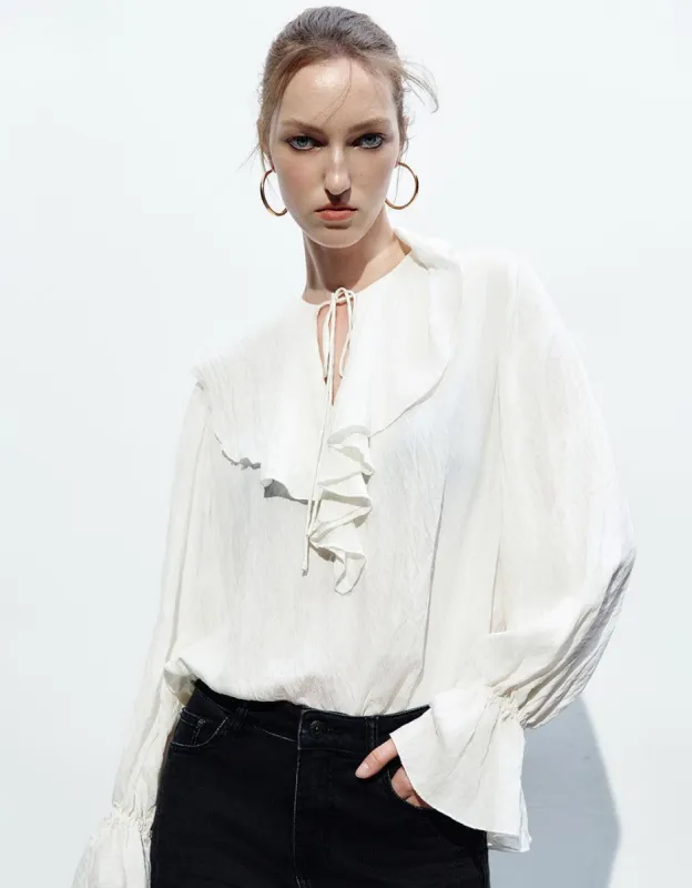 Puff Sleeve Ruffle Lapel Overhead Shirt sold by Urban Revivo