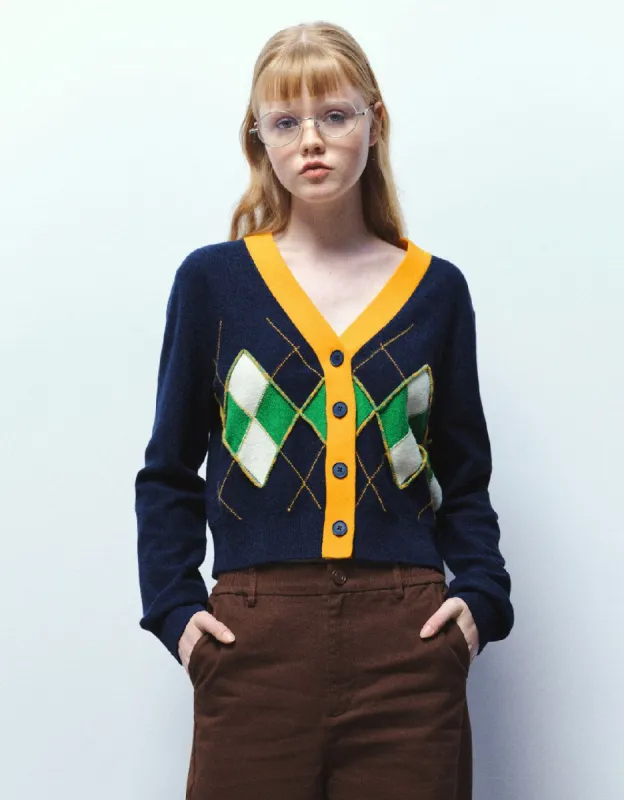 Argyle Printed V-Neck Knitted Cardigan sold by Urban Revivo