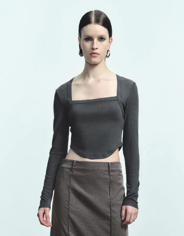 Square-Cut Collar Knitted T-Shirt sold by Urban Revivo