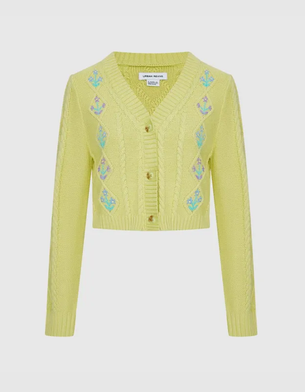 Floral Embroidery Cable Knit Cardigan sold by Urban Revivo