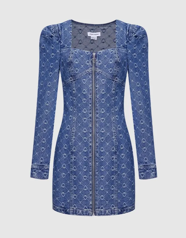 Zip Front Puff Sleeve Denim Dress sold by Urban Revivo