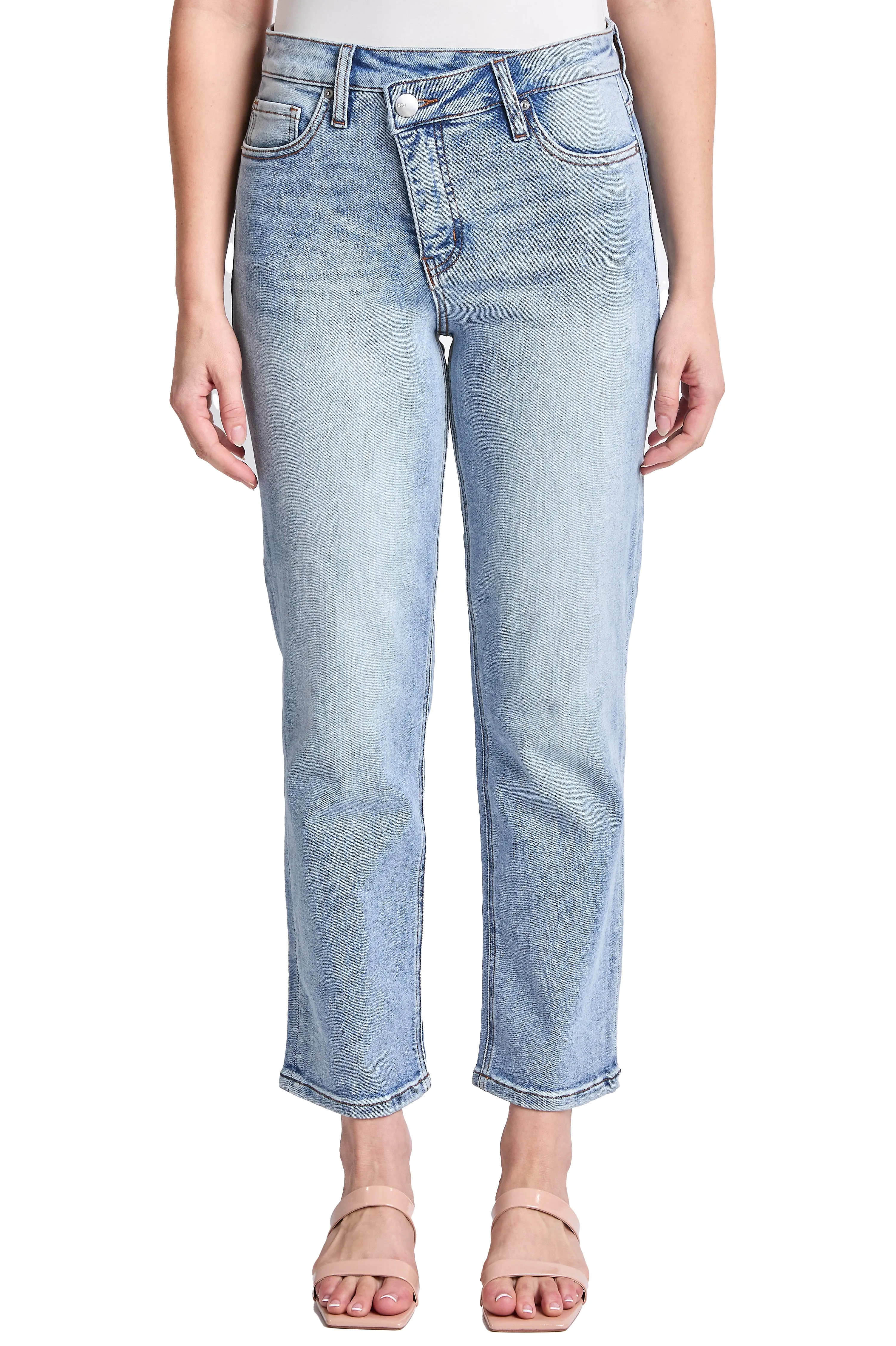Dylan Mid Rise Asymmetric Cropped Straight Leg Jeans sold by RFM Denim