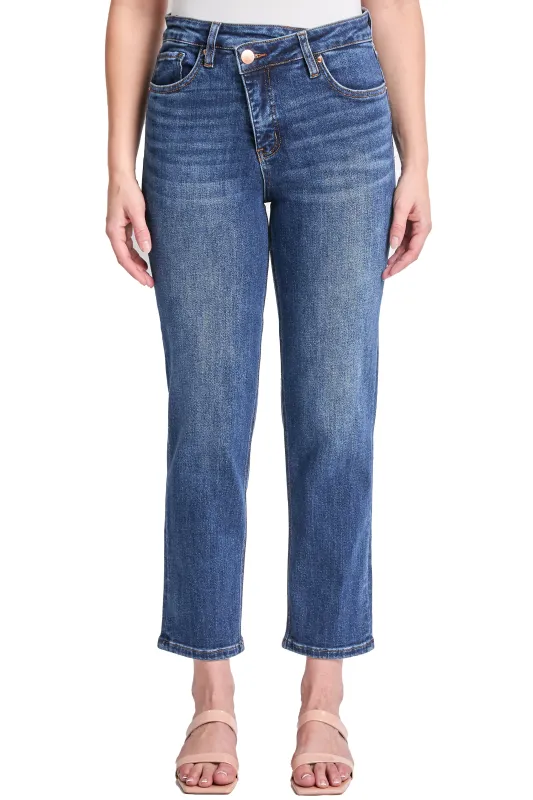 Dylan Mid Rise Asymmetric Cropped Straight Leg Jeans sold by RFM Denim