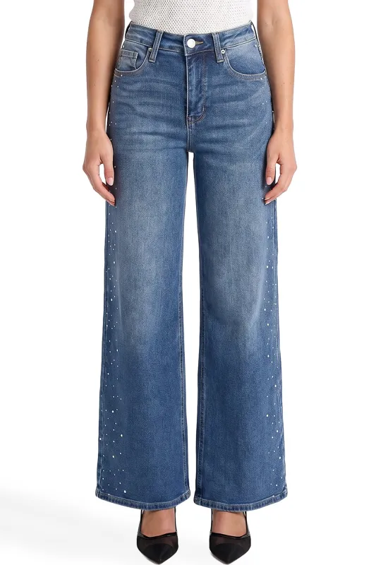 Chloe High Rise Wide Leg Jeans with Rhinestones made by RFM Denim