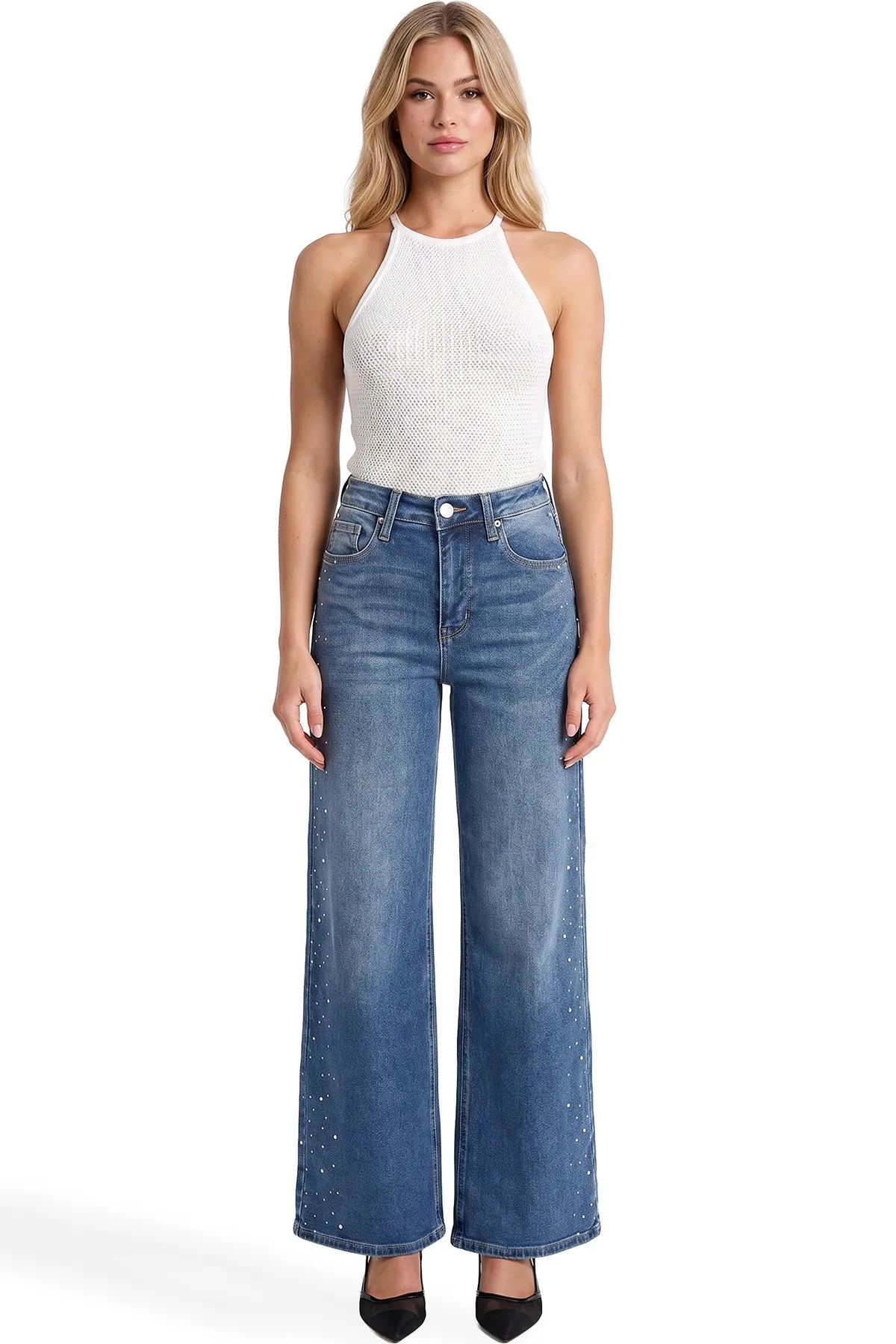 Plus Chloe High Rise Wide Leg Jeans with Rhinestones sold by RFM Denim product image thumbnail 2