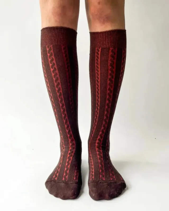 Cable knit knee high socks by OKAYOK, grey sold by atelier b