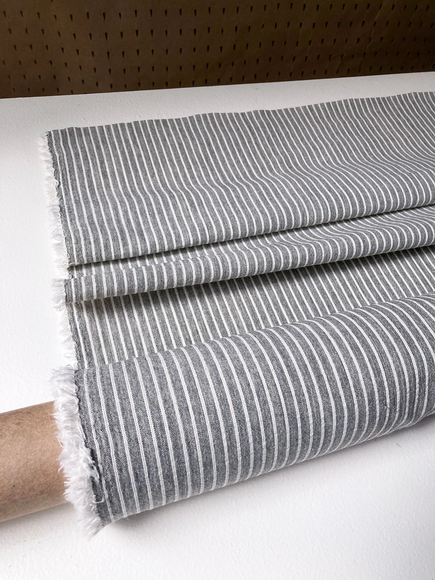 Grey linen with cream stripes, by the half meter sold by atelier b