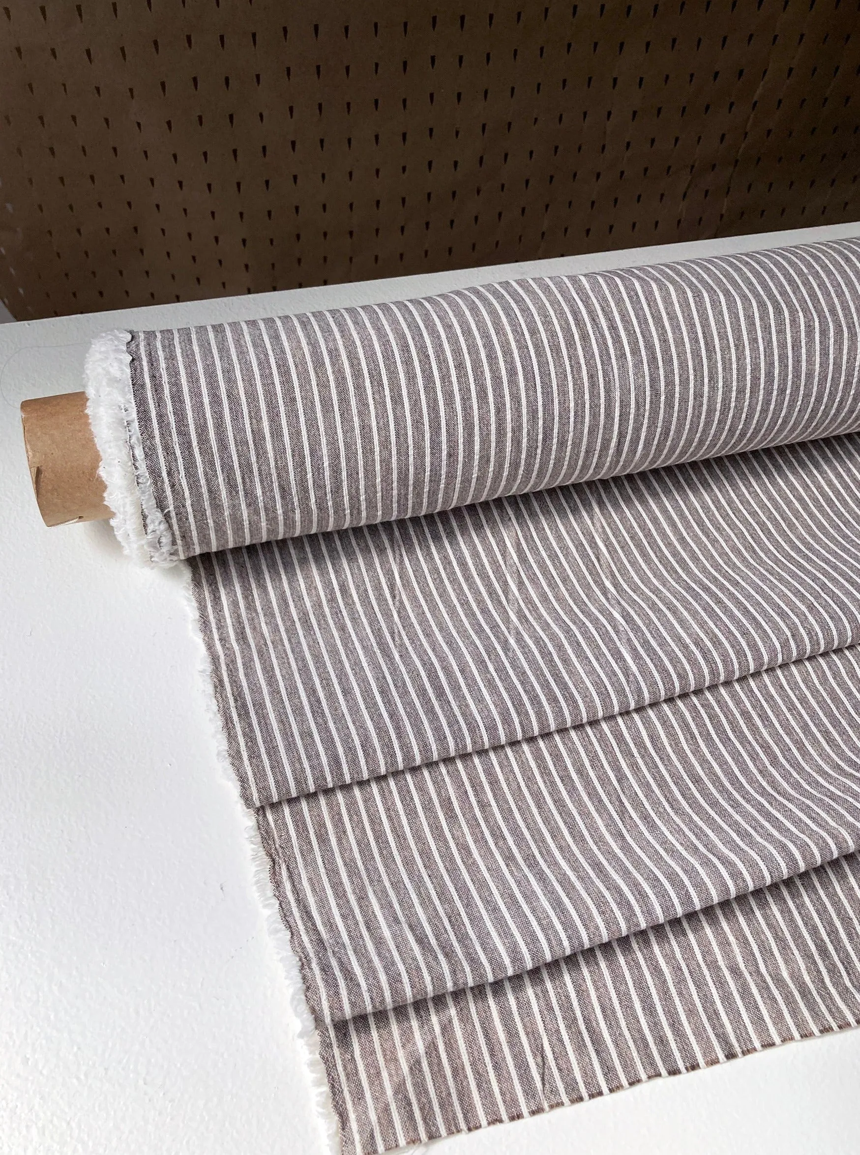 Brown linen with cream stripes, by the half meter sold by atelier b